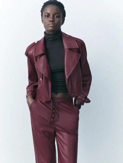 SHEIN X LOS FAVORITOS DE ANA GONZALEZ Maija Women's Casual Plain Cropped Moto Jacket, Spring And Autumn Winter Clothes