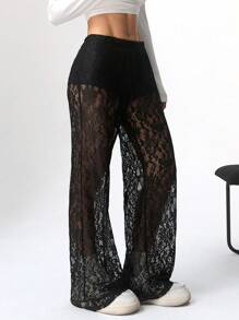 SHEIN EZwear Pantaloni lungi din dantelă de culoare uni pentru femei