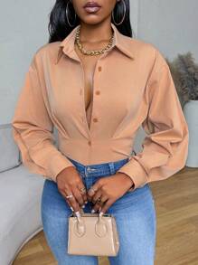 Zolique Women's Camel Autumn Elegant Office Solid Color Dropped Shoulder Long Sleeve Fitted Waist Short Shirt,Spring & Summer Texture Fabric Back To Work - Rust Brown - View 3