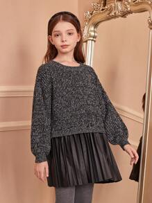 SHEIN 秋冬圣诞万圣节派对针织毛衣裙，适合中大童和女童穿着。黑白灰的配色，活力四射的针织工艺，彰显时尚个性与活力，提升整体质感。柔软面料，保暖舒适，亲肤舒适。连衣裙采用仿皮PU材质拼接而成，展现精湛工艺。适合长时间穿着，舒适自然。非常适合学校、郊游、派对、万圣节派对等场合。 - 黑色 - 查看 7