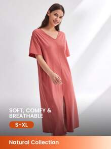 LUVLETTE 夏季柔软棉质莫代尔休闲长款睡裙女式睡衣吊带裙&睡衣连衣裙 - 紅色 - 查看 1