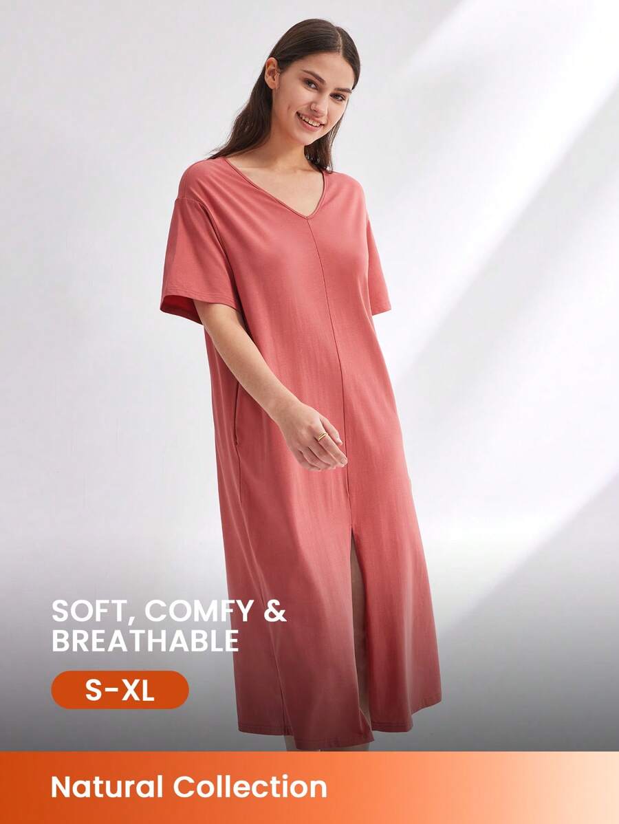 LUVLETTE 夏季柔软棉质莫代尔休闲长款睡裙女式睡衣吊带裙&睡衣连衣裙 - 紅色 - 查看 1