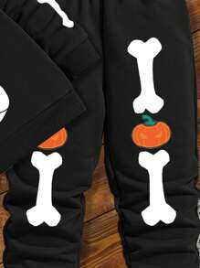 SHEIN Disfraz de Halloween de esqueleto, calabazas, murciélago, arañas, conjunto de sudadera de punto suave de cuello redondo, ajuste relajado y engrosado para bebé niño pequeño en otoño/invierno - Negro - Ver 4