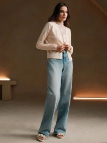 Anewsta 优雅休闲简约水钻装饰金属纽扣前 V 领针织长袖开衫 - 杏色 - 查看 6