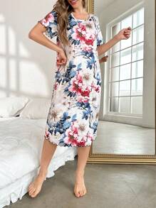 花卉印花宽松休闲 T 恤睡袍 - 彩色 - 查看 6