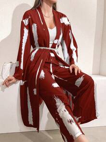 Mulvari 2 件套女士宽松刷印花长袖开衫和阔腿裤休闲装，春秋季 - 紅色 - 查看 3