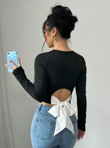 Chiquease Women's Contrast Color Bow Decor Long Sleeve T-Shirt Fall Cloth For Women - Black - View 3