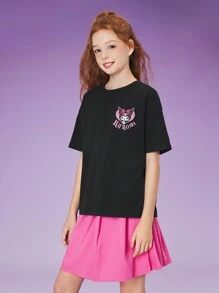 HELLO KITTY AND FRIENDS | SHEIN Tween Girl 卡通  印花黑色休闲百搭短袖 T 恤，夏季图案 T 恤