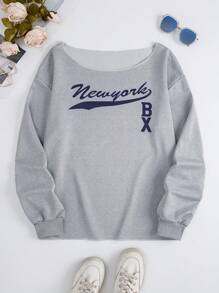 Women's Casual Letter Print Asymmetrical Neckline Long Sleeve Loose Sweatshirt, Spring And Autumn - Grey - View 3