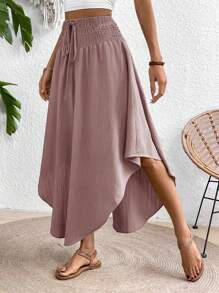 Breezaya Random Print Solid Color Asymmetric Hem Skirt