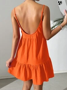 SHEIN EZwear Vestido casual de tirantes finos y espalda descubierta tipo babydoll color naranja para vacaciones
