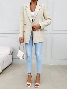 RueChic Lapel Neck Flap Detail Double Button Blazer - Beige - View 3