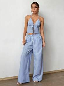 SHEIN Unity 2pcs/Set Women Casual Striped Camisole & Elastic Waist Straight Leg Pants - Blue - View 3