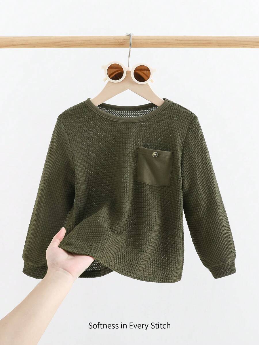 Cozy Pixies Young Boy Casual Solid Color Front Pocket Round Neck Long Sleeve Pullover - Blue - View 1