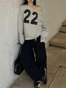 INAWLY 女式不对称领、长袖、宽松图案印花运动衫，秋冬季 - 灰色 - 查看 3