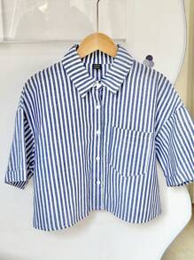 SHEIN Unity Áo Sơ Mi Tay Ngắn Cổ Tròn Phối Sọc Thời Trang Thường Ngày Cho Nữ - Màu xanh hải quân - Xem 5