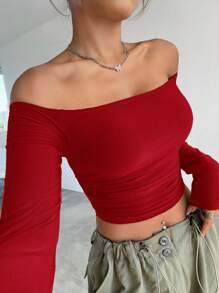 SHEIN EZwear Women's Off-Shoulder Short-Sleeve Solid Color Slim Fit T-Shirt, Spring Summer