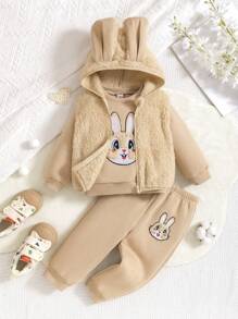 SHEIN Rabbit Pattern Thermal Lined Hoodie, Vest And Pants 3pcs/Set For Baby Girls Autumn/Winter - Khaki - View 12