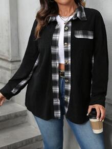 SHEIN LUNE Plus Size Women's Solid Plaid Patchwork Long Sleeve Jacket