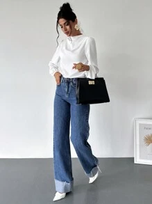 Firerie 女士时尚优雅办公室通勤白领肩部荷叶边泡泡袖衬衫 - 白色 - 查看 6