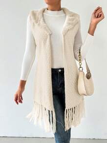 SHEIN Privé Women's Warm Fashion Fringed Hem Midi Cardigan With Fur Collar, Autumn/Winter - Apricot - View 7