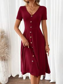 SHEIN Clasi 女士优雅 V 领短袖 A 字形绿色连衣裙 - 酒紅色 - 查看 5