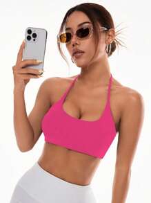 Easithlete Women's Stylish Solid Color Cross Strap Backless Sports Bra With Halter - Hot Pink - View 6