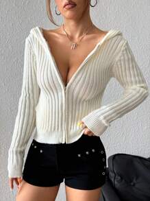 SHEIN Unity Áo khoác cardigan trùm đầu màu trơn thường ngày cho nữ, mùa xuân và mùa thu - trắng - Xem 1