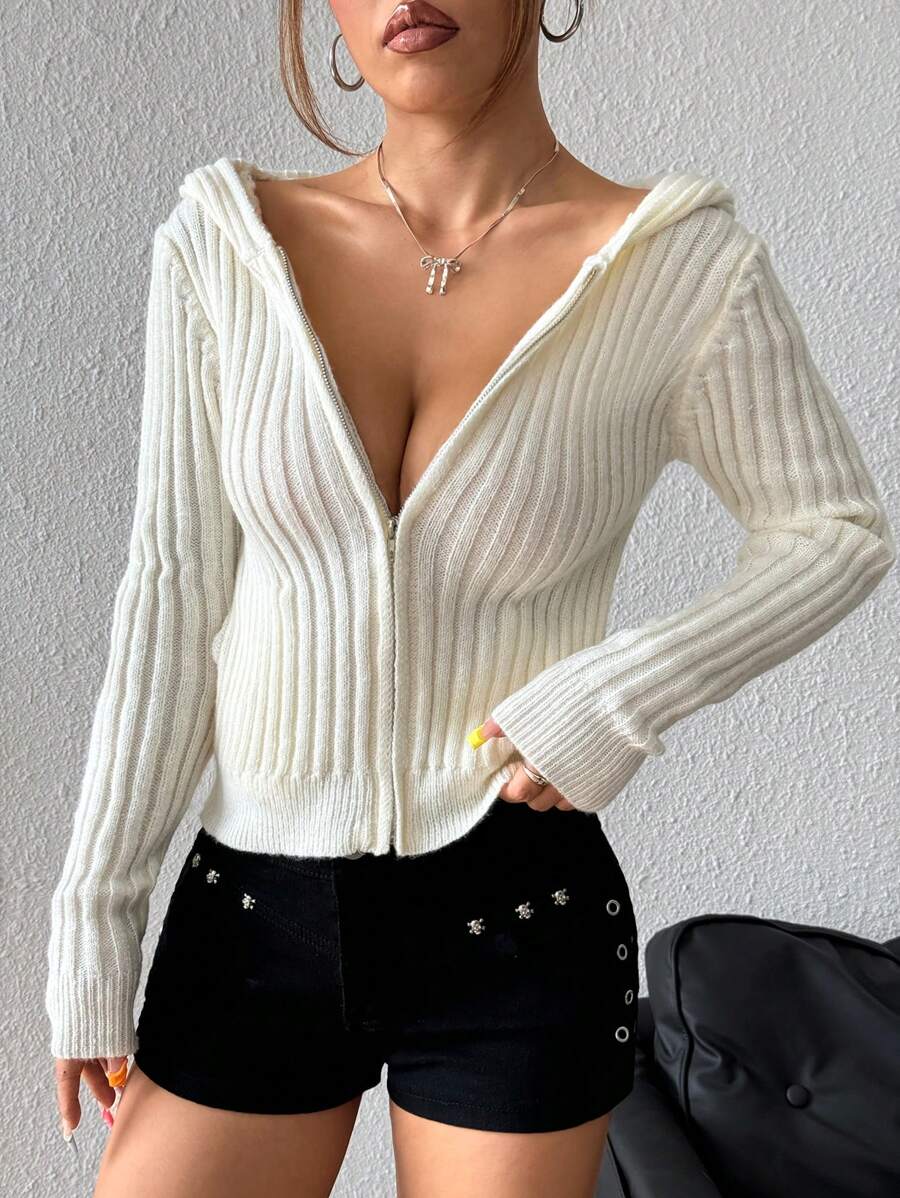 SHEIN Unity Áo khoác cardigan trùm đầu màu trơn thường ngày cho nữ, mùa xuân và mùa thu - trắng - Xem 1