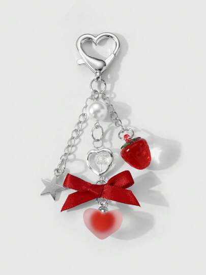 Kawaii 1 pieza Minimalista y dulce, versátil cadena de plata de moda con estrella hueca, corazón, perla falsa, lazo de cinta roja, colgante con forma de fresa en forma de corazón, adecuado para mujeres y niñas, uso diario y regalo de Día de San Valentín