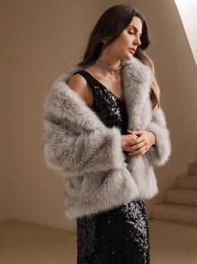 Anewsta Elegant Fluffy Shawl Coat For Women, Banquet Style