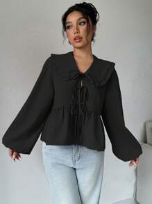 Chiquease 春秋休闲彼得潘领蝴蝶结长灯笼袖衬衫女士衬衫