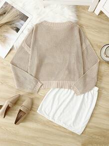 SHEIN Privé Plus Size Women Knitted Pullover Sweater, Fall Season, Apricot Color, Hollow Openwork Embroidered Design - Apricot - View 5