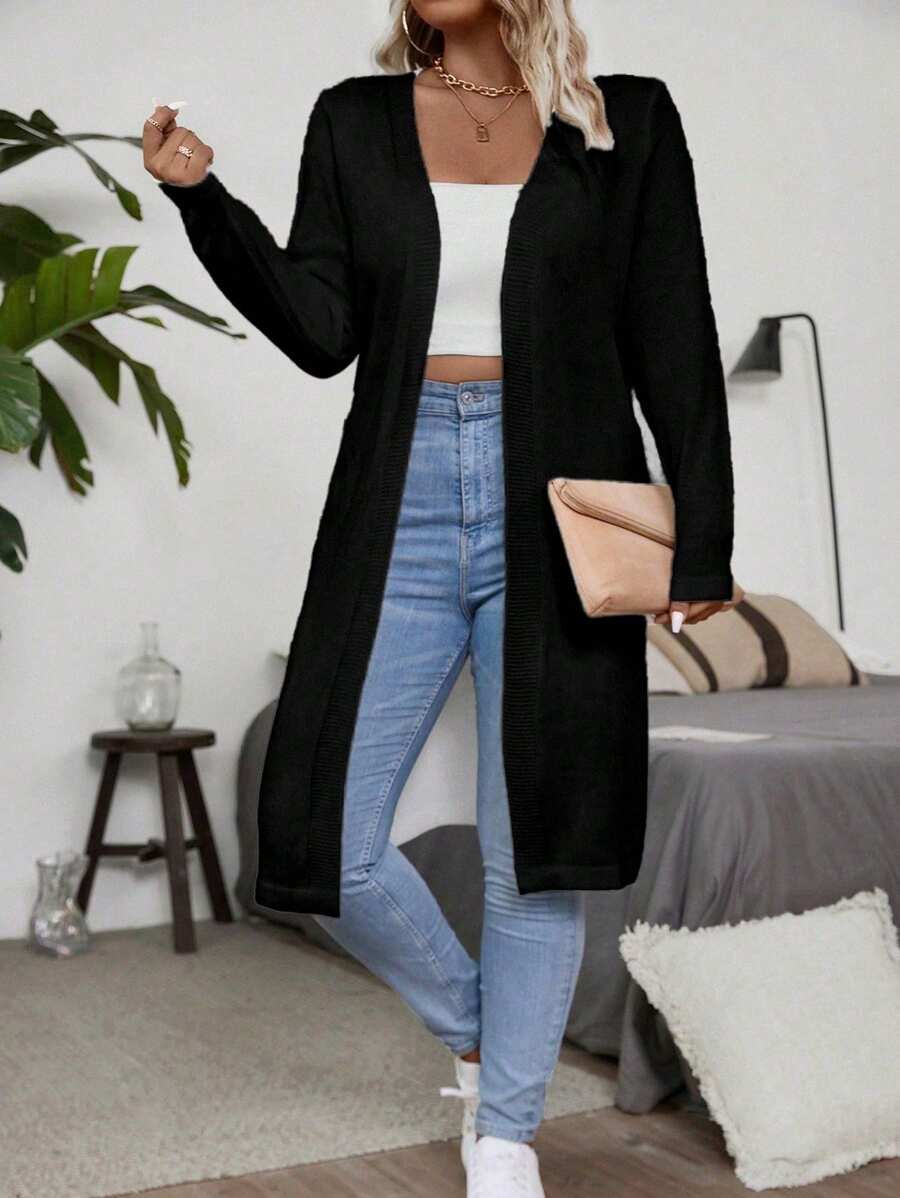 SHEIN Plus Size Women's Solid Color Long Sleeve Open Front Casual Maxi Black Sweater Cardigan For Autumn/Winter Fall Cloth For Women