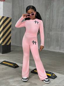 SHEIN SLAYR Tween Girl Tween Girl 休闲街头风格纯色圆领长袖针织套装（母女配套服装，2 套单独出售） - 粉色 - 查看 5