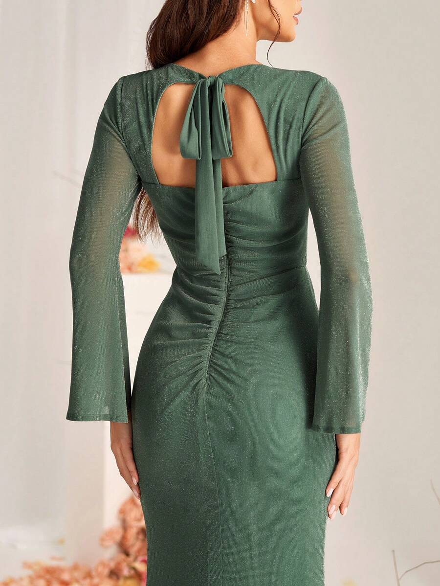 SHEIN Belle 女士优雅豆沙绿韩式网银丝弹力面料圆领长袖喇叭袖美人鱼款镂空后背中心系带褶皱设计适合婚礼伴娘礼服 - 墨綠色 - 查看 1