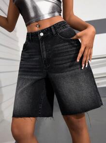 SHEIN EZwear Women's Pocket Design Frayed Hem Wide Leg Bermuda Denim Shorts - Black - View 6