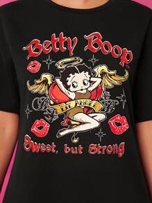 Betty Boop x SHEIN Women Black Casual Cartoon Characters And Letters Printed Drop Shoulder Loose T-Shirt Fall Clothes Fall Shirts - Black - View 6