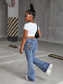 SHEIN Tween Girls Y2K Grunge Embroidery Bootcut Flare Leg Jeans,Girls Fall Clothes Back To School Streetwear Outfits