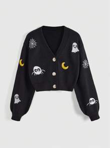 ROMWE Goth Plus Size Women Spider Web & Spider Embroidery V-Neck Cardigan Sweater For Fall/Winter - Black - View 1