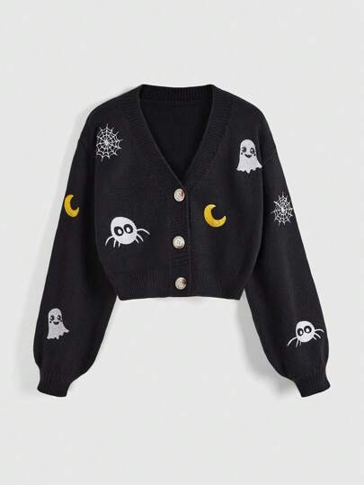 Goth Cardigan scollo a V con ricamo di ragnatela e ragno per donne taglie forti, adatto per autunno/inverno