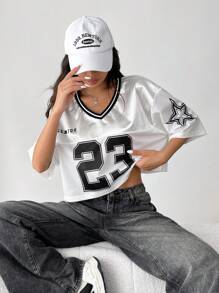 SHEIN EZwear V 领网状字母与数字印花宽松短款上衣 - 白色 - 查看 3