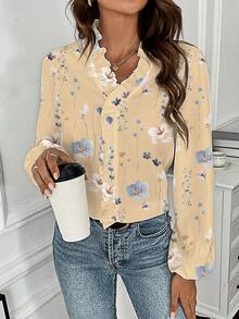 SHEIN LUNE 女士花卉印花 V 领荷叶边长袖衬衫 - 杏色 - 查看 5