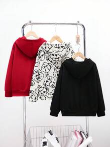 SHEIN 3pcs/Set Kids Tween Boy Casual Bear Print Hooded Long Sleeve Knitted Sweatshirts Set, Suitable For Daily Casual, Travel, Sports, Good For Spring, Summer, Autumn And Winter Seasons - Red - View 3