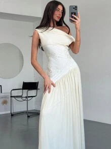 Aloruh New Off Shoulder Contrast Color Mesh Floral Embroidered Asymmetric Hem Maxi Stretch Dress,Summer Dresses
Spring Clothes