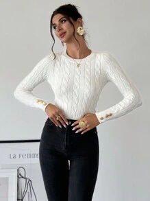Firerie Women's Elegant Casual College Style White Crew Neck Cable Knit Fitted Sweater,Ladies Spring/Fall Casual Button,Cable-Knit Long Sleeve Slim Fit White Viscose Regular Sleeve Pullovers Women Sweaters,Long Sleeve Tops, Fall And Winter,Business, Casual,Oldmoney, White, Longsleeve, Crewneckl,Graduation,Teacher Outfits For Women,Back To School,Knitted Sweater - White - View 2