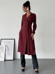 SHEIN Privé Abrigo trench largo elegante, de doble pechera y cintura ceñida en línea A para mujer