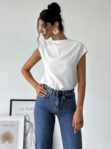 Firerie Áo cánh tay lửng đơn giản thanh lịch sang trọng cho nữ đi làm văn phòng màu trắng cổ đứng không đối xứng xếp ly vai - trắng - Xem 1