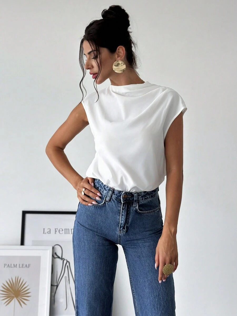 Firerie Áo cánh tay lửng đơn giản thanh lịch sang trọng cho nữ đi làm văn phòng màu trắng cổ đứng không đối xứng xếp ly vai - trắng - Xem 1