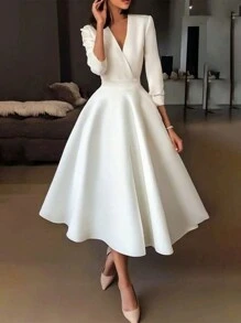 Firerie 女士优雅浪漫伴娘/婚礼/派对 V 领喇叭中袖 A 字中长连衣裙 - 白色 - 查看 2